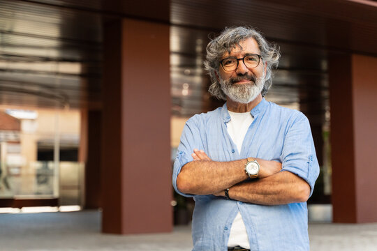 Portrait of cheerful senior man with grey hair and beard looking and smiling at the camera