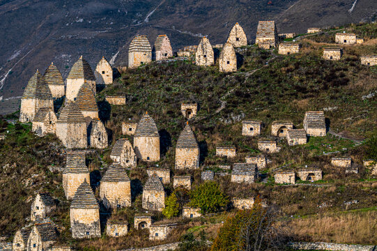 Exploration of ancient burial structures in the city of the Dead in the Caucasus mountains of North Ossetia, Russia