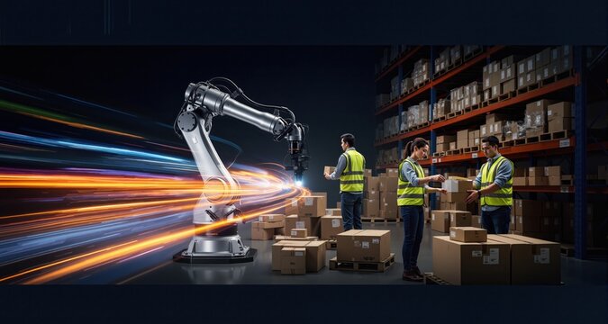 A modern warehouse scene showcasing a robotic arm and two workers managing inventory and packages efficiently. Dynamic motion light trails with motion blur effect on dark background. Futuristic, techn
