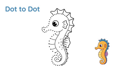 Dot to dot seahorse illustration with a colorful completed version   © Ren