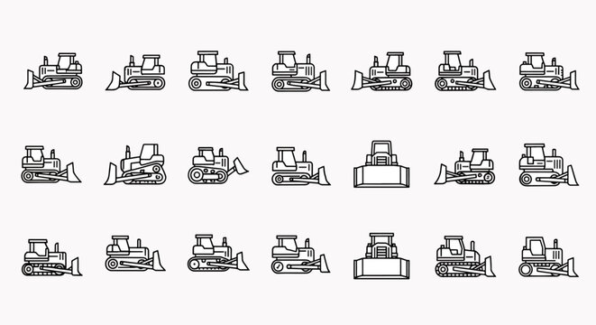 Collection of Bulldozer Icons and Illustrations Set Vector Graphic, Construction Vehicle Line Art for Design