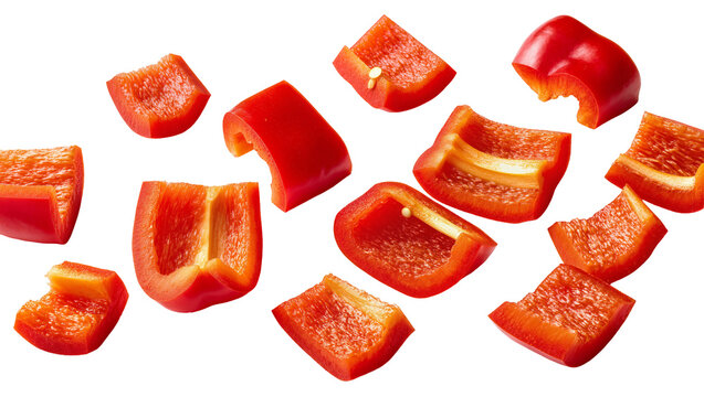 Scattered red bell pepper pieces fresh and vibrant, isolated on transparent background