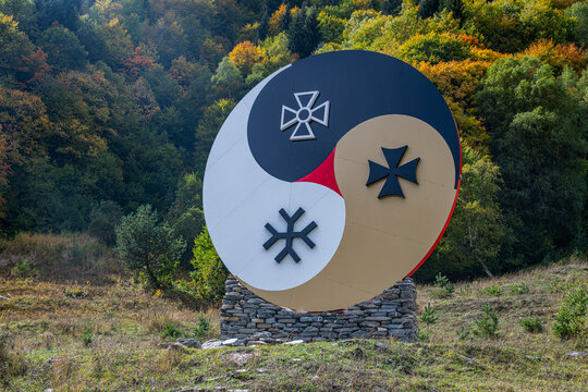 Symbol of south Ossetian language shown on a large structure in South Ossetia in Russia during autumn