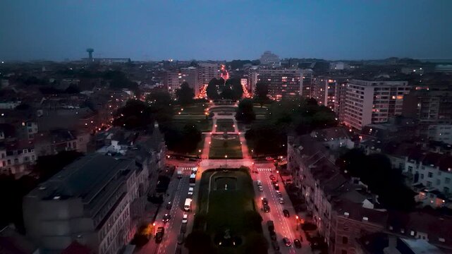 Aerial View of Ambiorix Square at Sunset with City Lights in Brussels Belgium