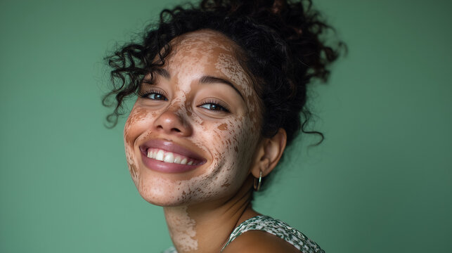 Portrait of cheerful young woman with vitiligo smiling at camera, promoting inclusivity, self confidence and acceptance of natural beauty.