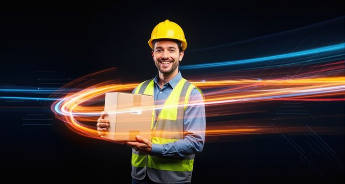 Cheerful logistics worker holding package in studio setting for delivery services. Dynamic motion light trails with motion blur effect on dark background. Futuristic, technology pattern for banner or 