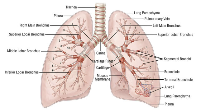 Anatomical diagram of human lungs and bronchial tree showing trachea, main bronchi, lobar and segmental branches, terminal bronchioles and alveoli, with pleura and lung parenchyma labeled for detailed