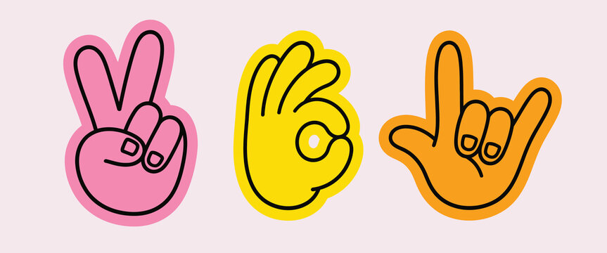 Vector illustration in hand-drawn doodle style, mascot and character hands and gestures, positive vibe stickers and overlays. Colorful Hand Gesture Sticker Icons Cartoon Vector Set