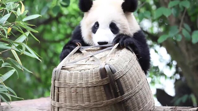 Little panda , Jin Rui, playing with bamboo basket , China