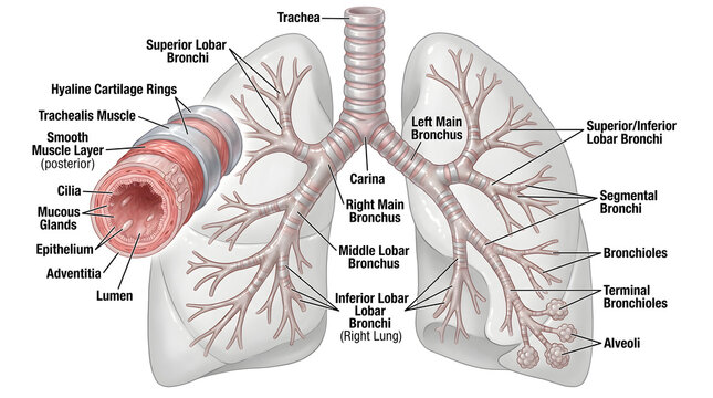 Diagram of tracheobronchial tree and lungs showing trachea, lobar and segmental bronchi, bronchioles and terminal branches leading to alveoli, with inset of bronchiole wall layers, illustrating airway
