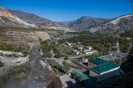 Hydro power station located by Karakoisu river in Dagestan shows infrastructure and landscape under clear sky