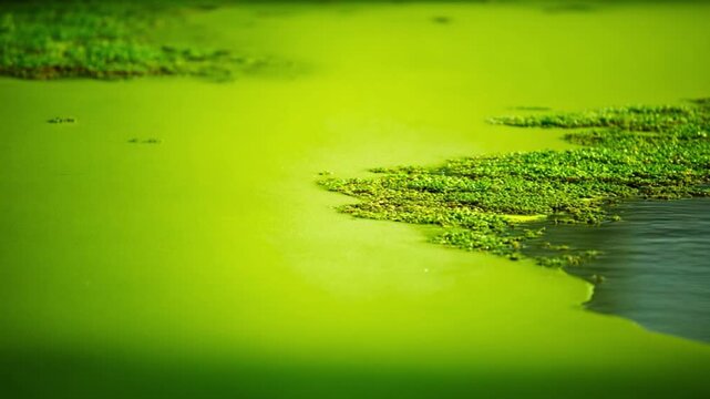 Algae Bloom: A visual representation of environmental concerns, with an intense green algae bloom forming on the surface of a body of water.
