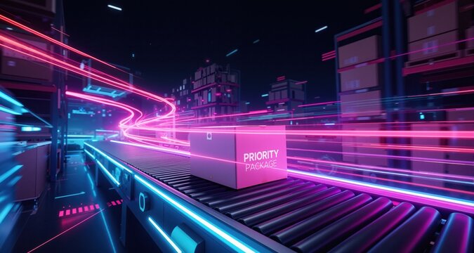 Neon-lit priority package on futuristic conveyor belt in vibrant warehouse setting. Dynamic motion light trails with motion blur effect on dark background. Futuristic, technology pattern for banner or