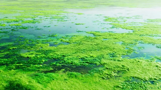 Harmful Algal Bloom: A striking aerial perspective showcases a vibrant expanse of green algae blanketing a body of water. Emphasizing the ecological challenge posed by this phenomenon.