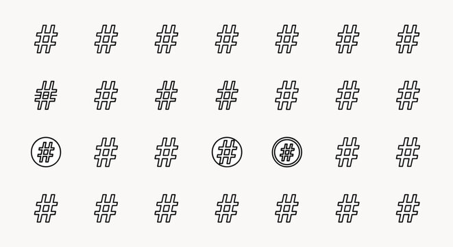 A collection of hashtag symbols in different styles, including plain and circular outlines, representing social media and communication