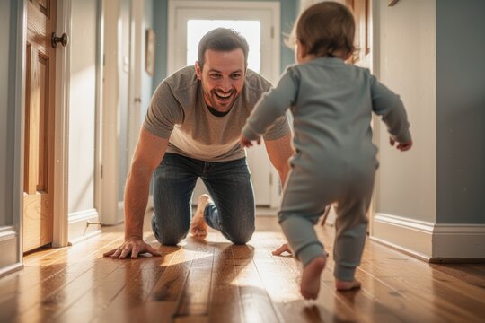 Father on floor encouraging toddler taking first steps toward him in hallway