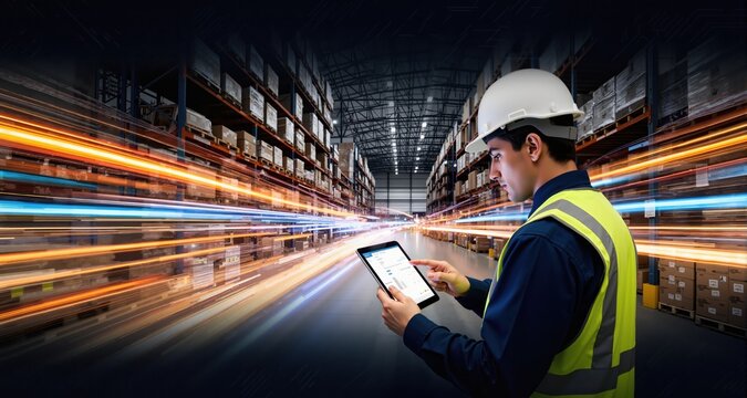 Warehouse manager using digital tablet checking inventory in large distribution center. Dynamic motion light trails with motion blur effect on dark background. Futuristic, technology pattern for banne