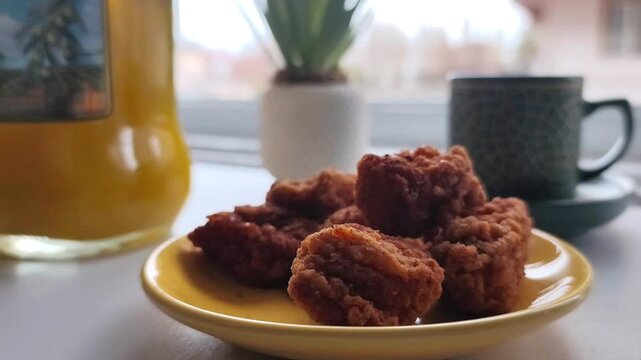 Static close-up shot of a hand picking up and splitting open a crispy fried chicken nugget over a yellow plate on a white table