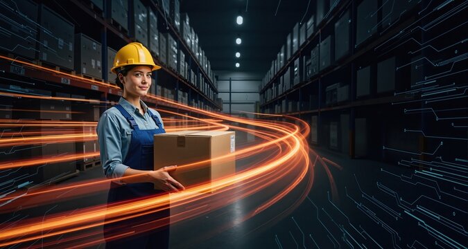Portrait Of Female Worker Holding Box Inside Warehouse . Dynamic motion light trails with motion blur effect on dark background. Futuristic, technology pattern for banner or poster design.
