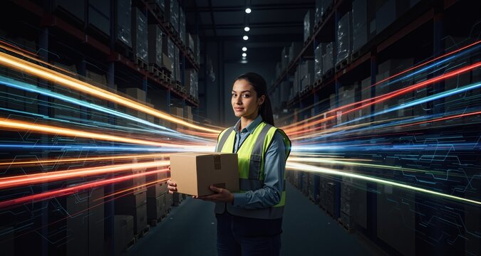 Portrait Of Female Worker Holding Box Inside Warehouse . Dynamic motion light trails with motion blur effect on dark background. Futuristic, technology pattern for banner or poster design.
