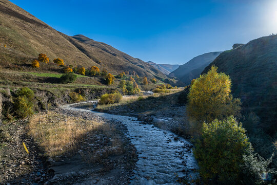 River flows through a valley featuring grass and trees in Dagestan, Russia