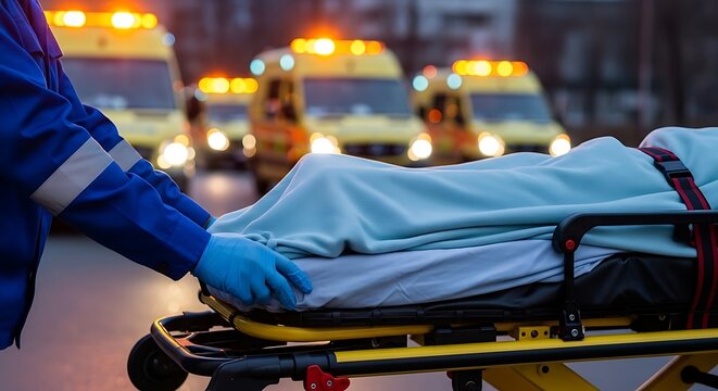 Emergency responder pushing stretcher with patient at night with ambulances in background