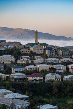 View of Kubachi town with houses and a tower in Dagestan, Russia during the day