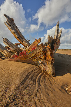 Disintegrating wreck on the beach at Crow Point in the estuary of the Taw and Torridge Rivers near Barnstaple Devon