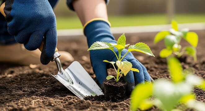 Closeup of gloved hands planting green seedling in garden soil with trowel