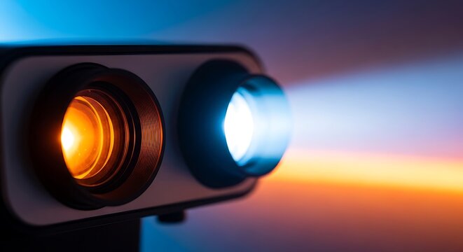 Close up of projector lenses emitting warm and cool light beams