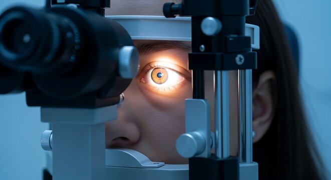 Close up of female eye during slit lamp examination with bright light