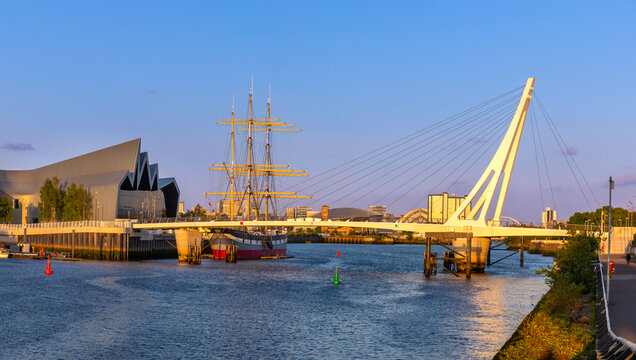 Govan-Partick Bridge connects two areas near Riverside Museum and The Tallship Glenlee on the River Clyde in Glasgow, Scotland