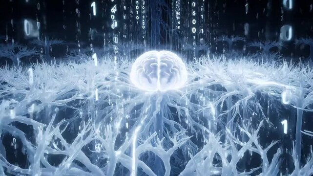 Abstract Digital Brain Grows From Illuminated Networked Roots Under Cascading Binary Code With Glowing Neural Connections In Deep Blue Tones