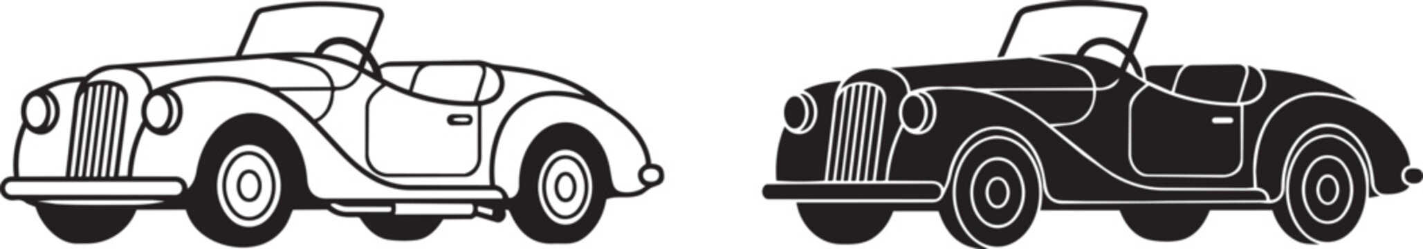vintage convertible car outline and silhouette vector illustration set