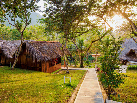 Sunset view at Hostal Oasis The Traveler in Lanquin, Alta Verapaz, Guatemala among trees and nature