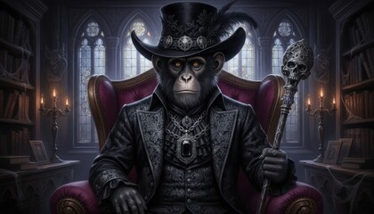 Obraz premium Gothic monkey dons a hat and cloak while seated in an ancient library surrounded by flickering candles