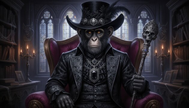 Gothic monkey dons a hat and cloak while seated in an ancient library surrounded by flickering candles