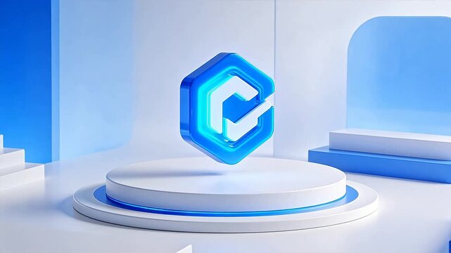 Blue geometric logo on white pedestal