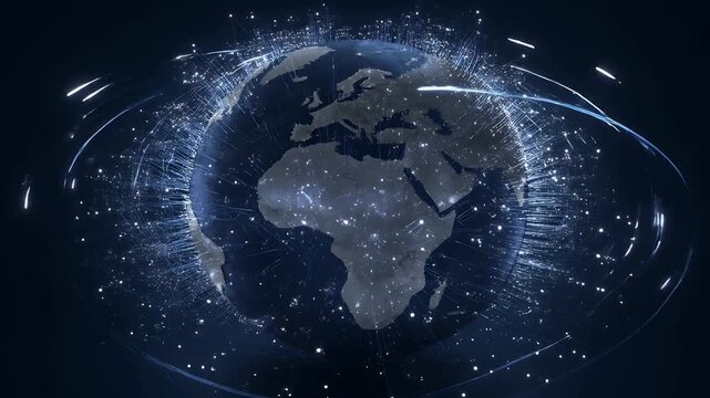 Abstract Digital Globe Illuminated by Glowing Network Particles Against Dark Starry Sky Background