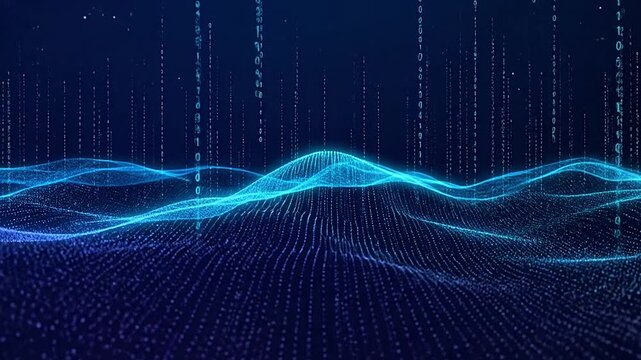 Abstract digital background with glowing blue binary code and data waves