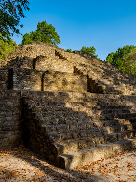 Maler Group at Yaxha in Peten Department Guatemala shows ancient architecture and stone steps