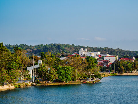 View of Flores Island from Santa Elena in Peten Department, Guatemala during daylight hours