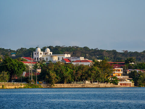 View of flores island from santa elena in peten department of guatemala