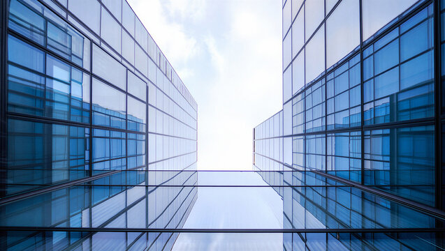 Low angle view looking up between two modern glass skyscrapers toward bright sky with high rise