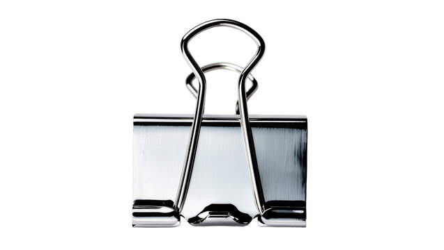 Shiny metal binder clip holding papers together, isolated on transparent background