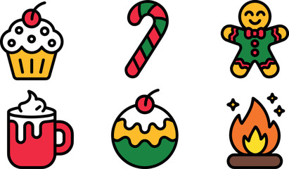 Fototapeta premium Set of Christmas holiday treats and winter cozy icons featuring gingerbread man candy cane cupcake cocoa and campfire in flat line style