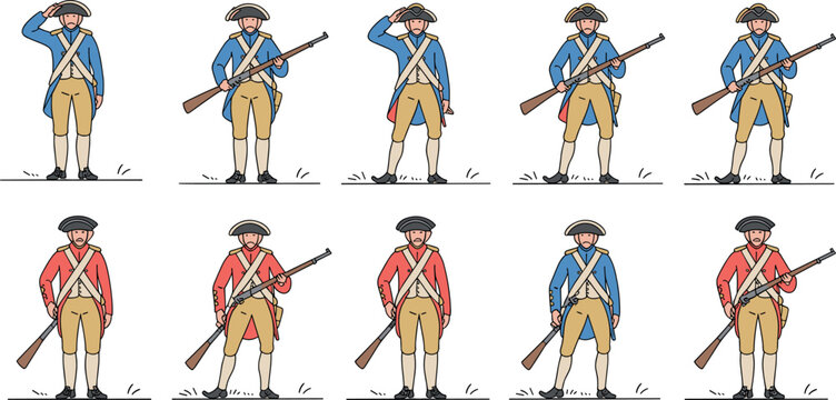 Revolutionary war soldier vector set featuring colonial military characters in blue and red uniforms with muskets and tricorn hats