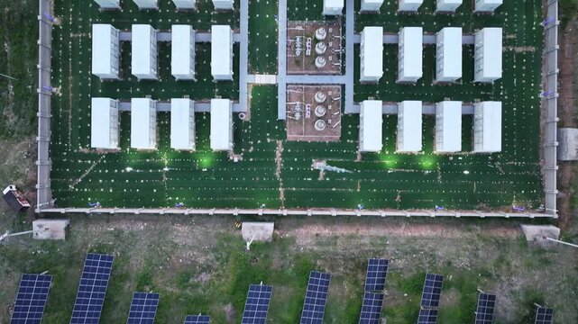 Aerial view of a large temporary modular building complex with organized green landscaping and infrastructure layout