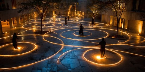People stand within glowing circles on a city square at night surrounded by trees.