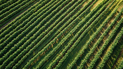 Fototapeta premium Birds eye view of rows of green crops growing in a farm during daytime under clear sky